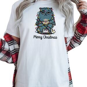 Merry Christmas Shirt Cat Tangled in Lights T Shirt Unisex Holiday Tees